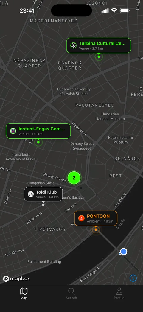 The VIBE map of Budapest at night, with pins for Turbina, Toldi Klub and other venues that have events on.