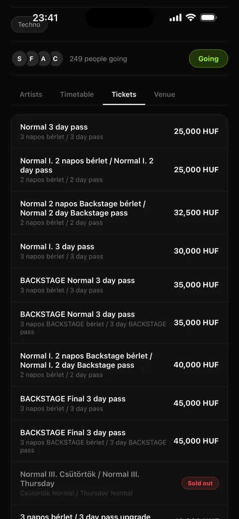 The tickets tab of an event in VIBE, listing each pass with its price and sold-out tiers.