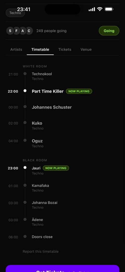 A VIBE timetable: two rooms, with the act that is playing now marked in each.